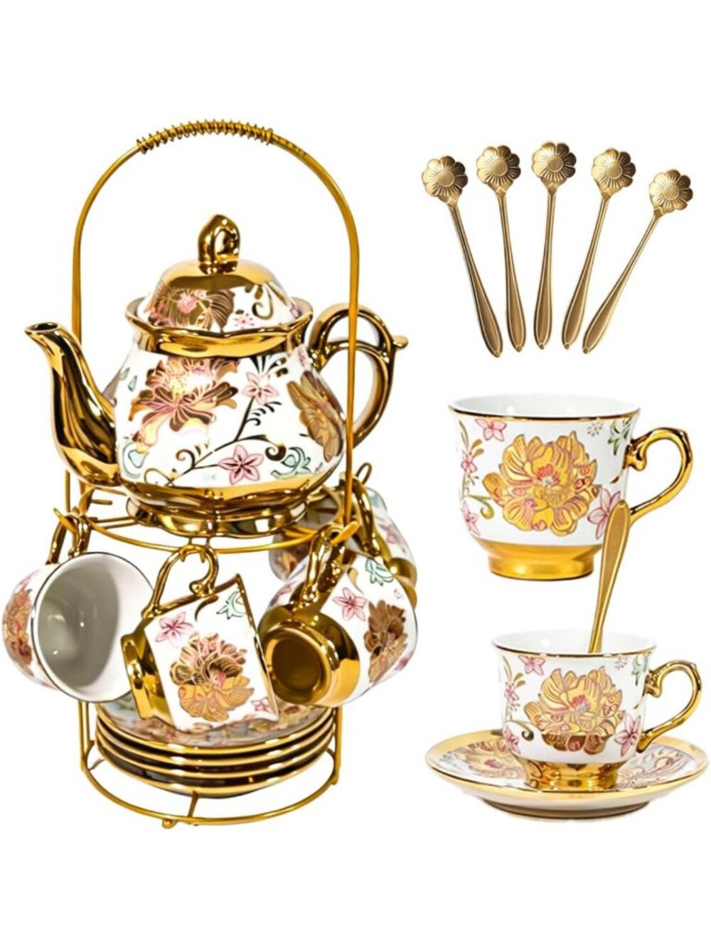 Vintage Gold-Plated Red Rose Ceramic Tea Set for 6 - Elegant Serving Set